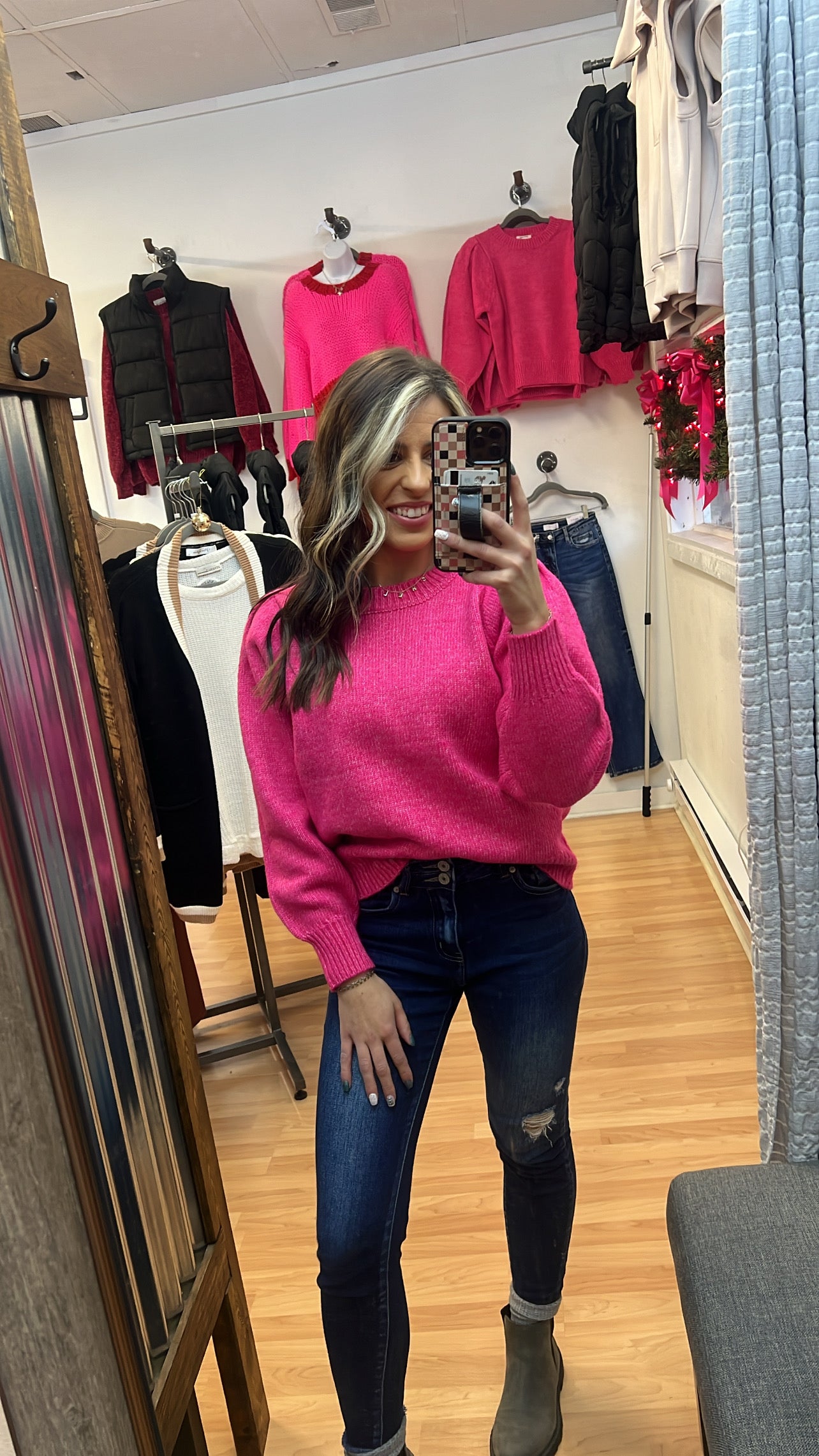 Puff Sleeve Sweater, Hot Pink
