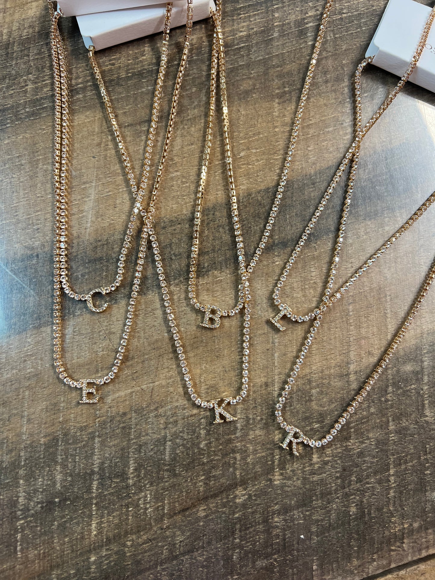 Rhinestone Chain Initial Necklace, Gold