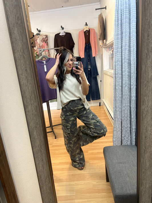 Ribbed Round Neck Tee, Beige