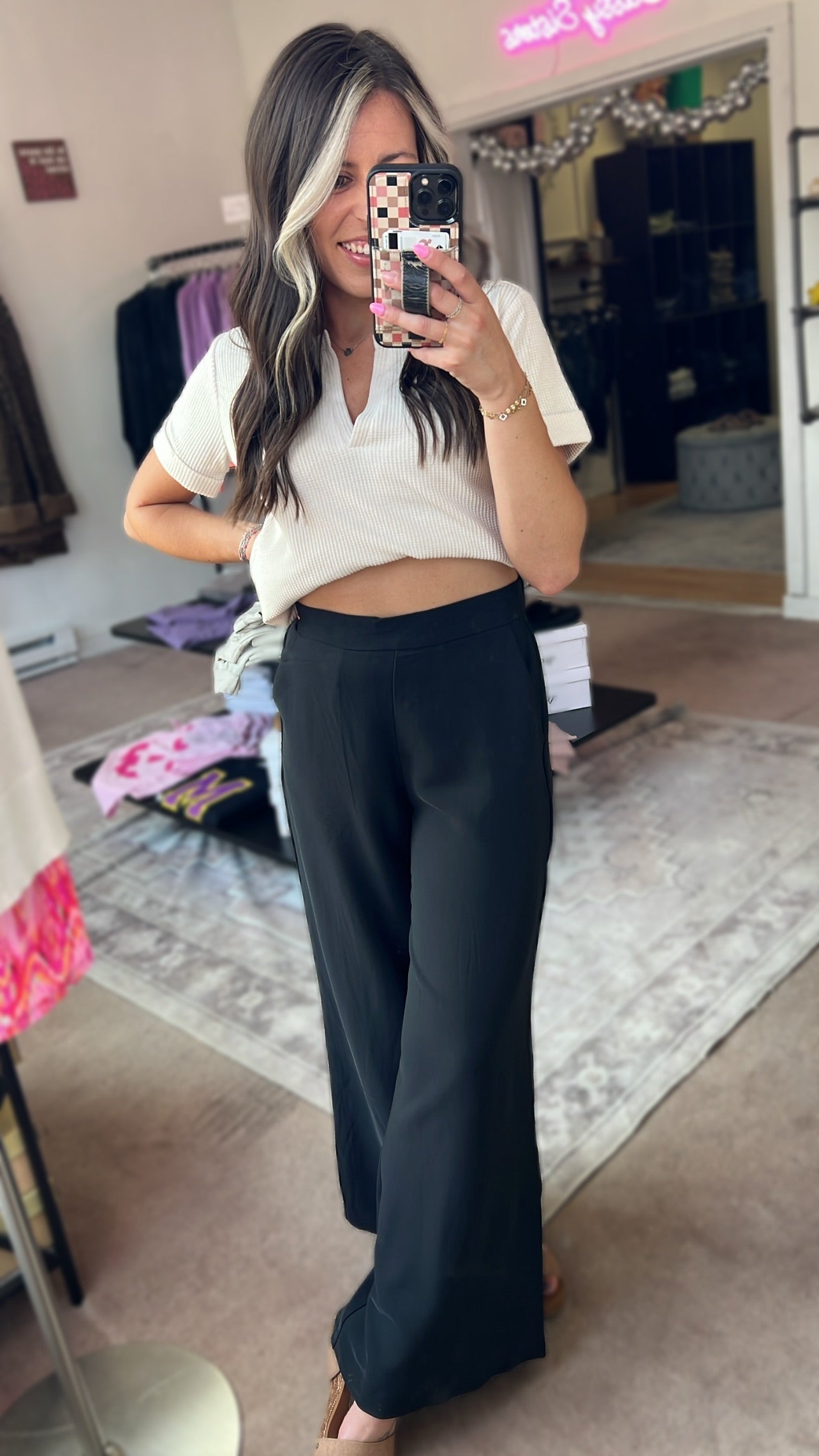 Elastic Waist Wide Leg Pants, Black