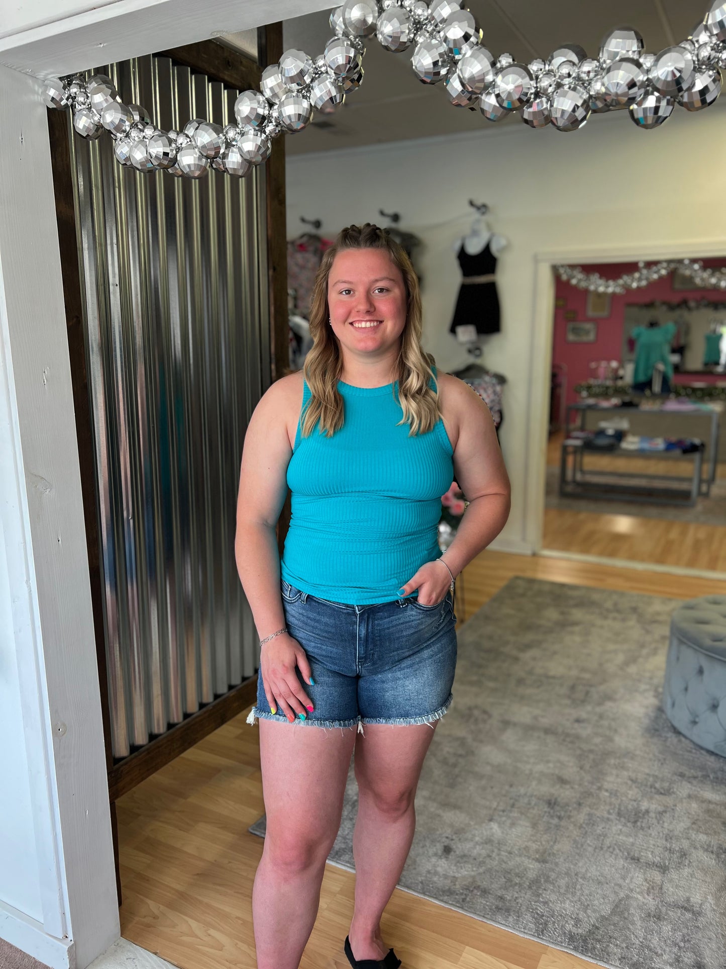 Ribbed Fitted Tank, Teal