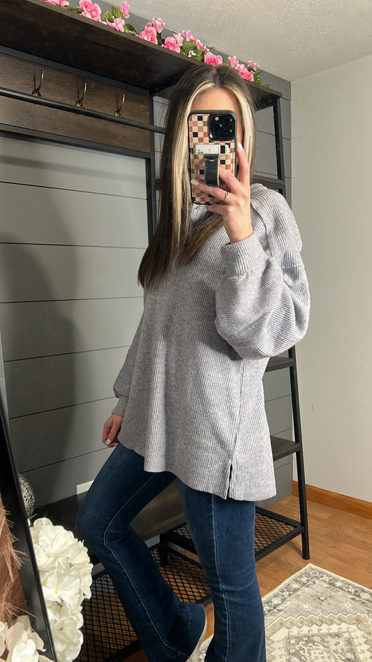 Ribbed Henley Top, Light Grey