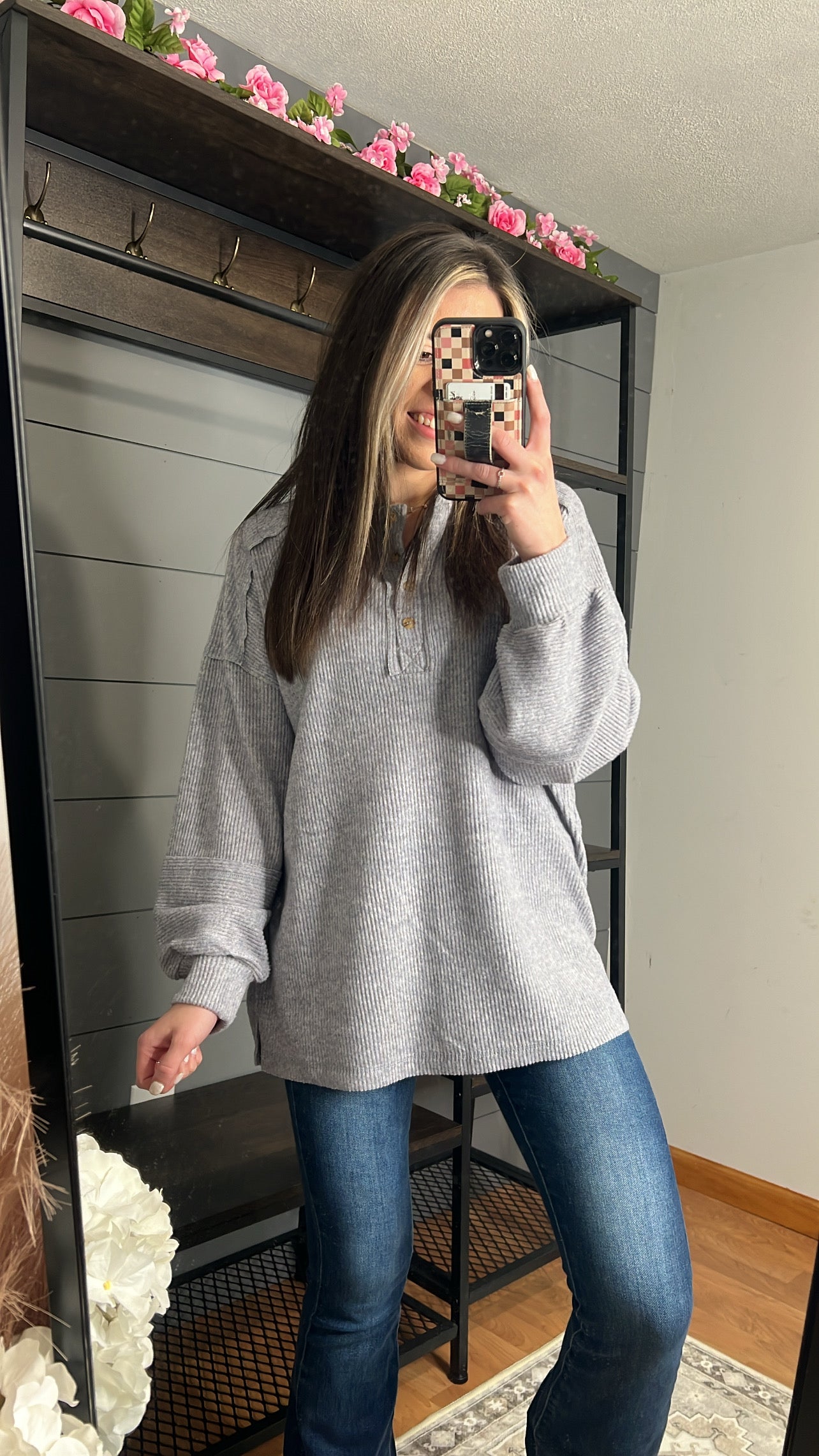 Ribbed Henley Top, Light Grey