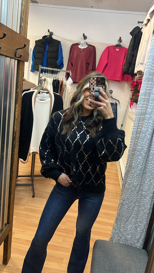 Diamond Sequin Sweater, Black