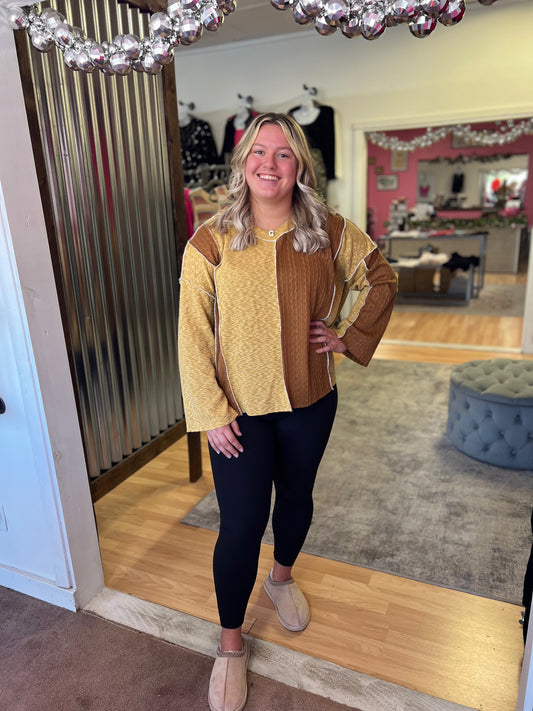 Mustard/Chocolate V Neck Top