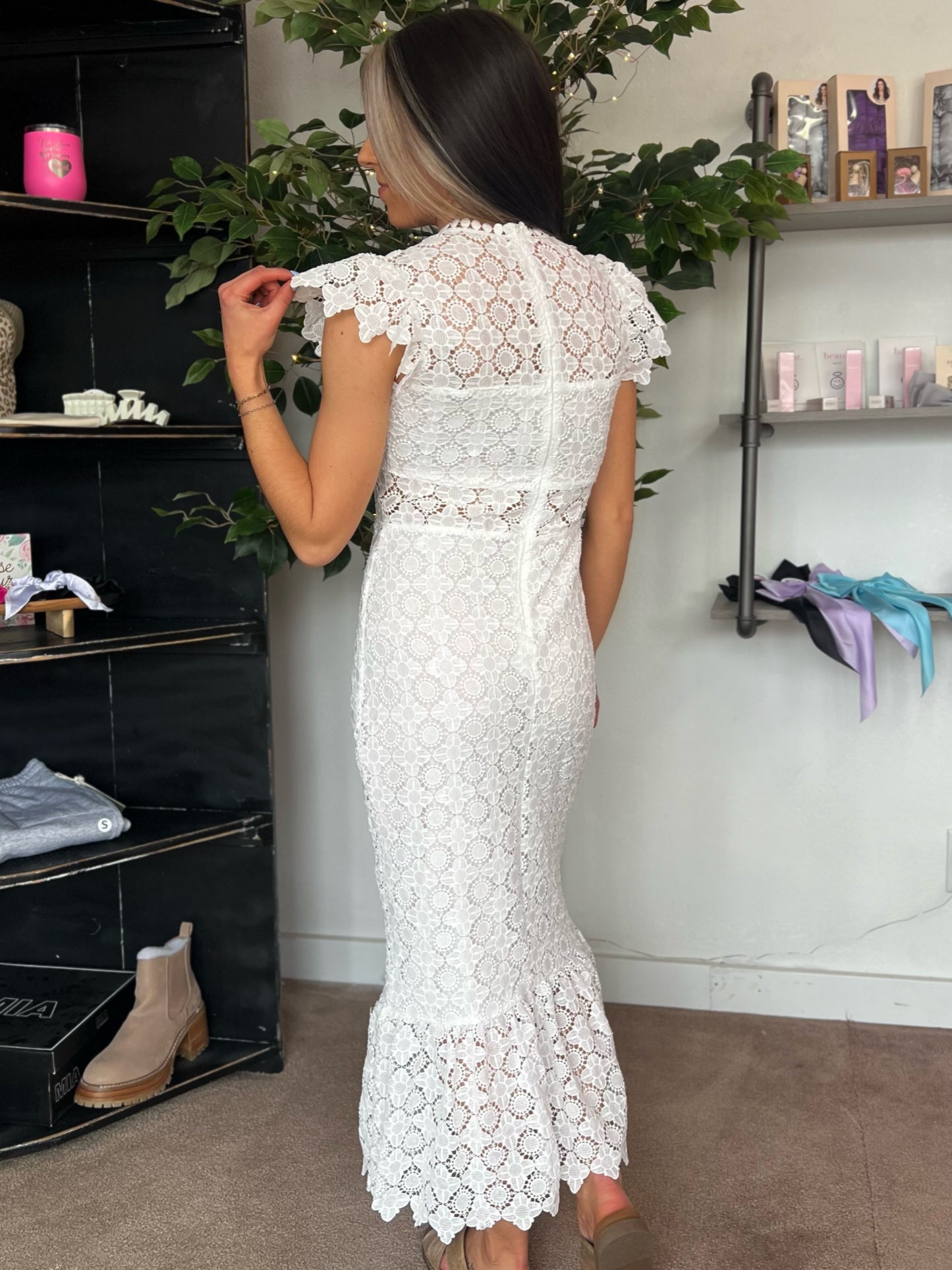 White Eyelet Lace Midi Dress