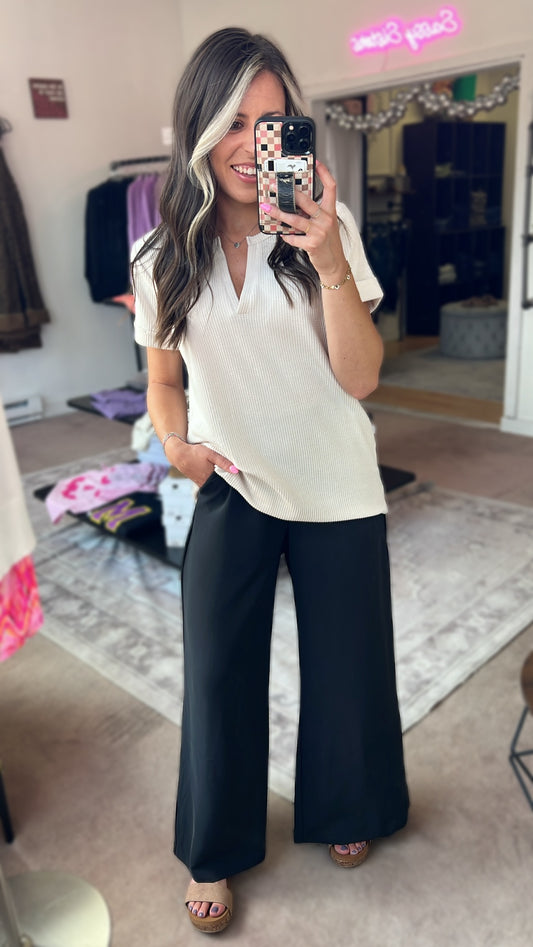 Elastic Waist Wide Leg Pants, Black