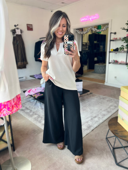Elastic Waist Wide Leg Pants, Black
