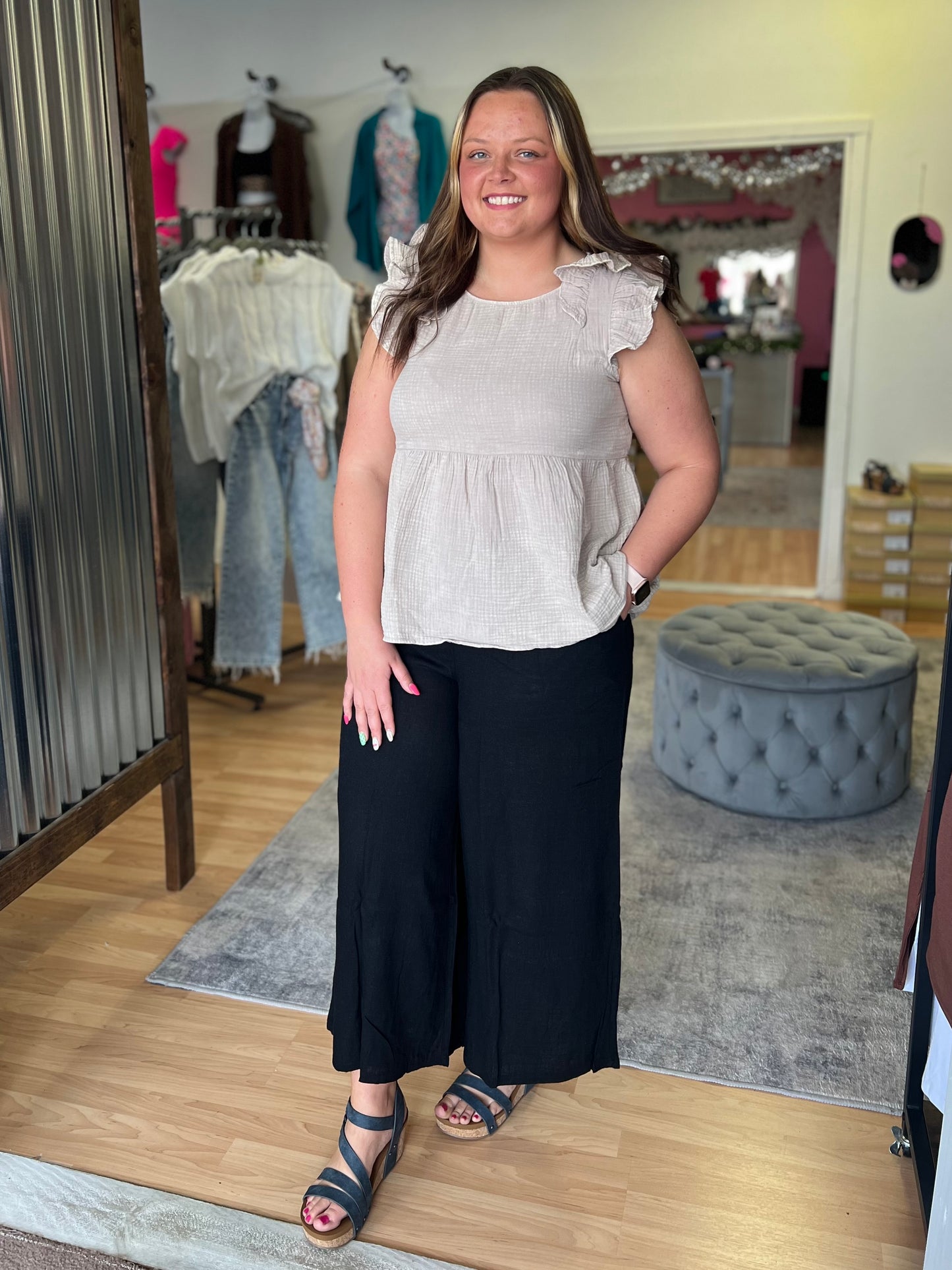 Linen Wide Leg Pants, Black