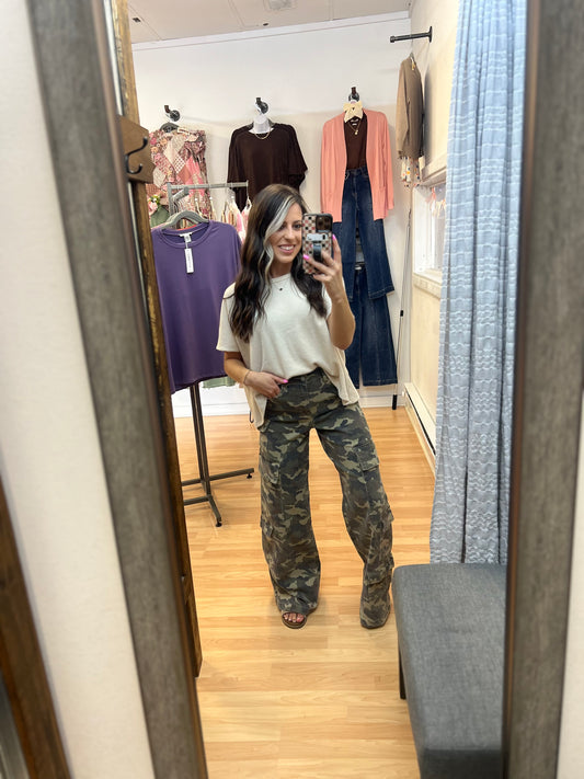 Ribbed Round Neck Tee, Beige