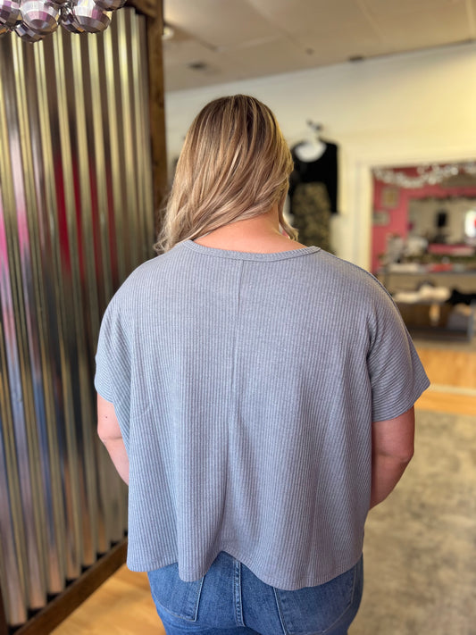 Ribbed Round Neck Tee, Grey