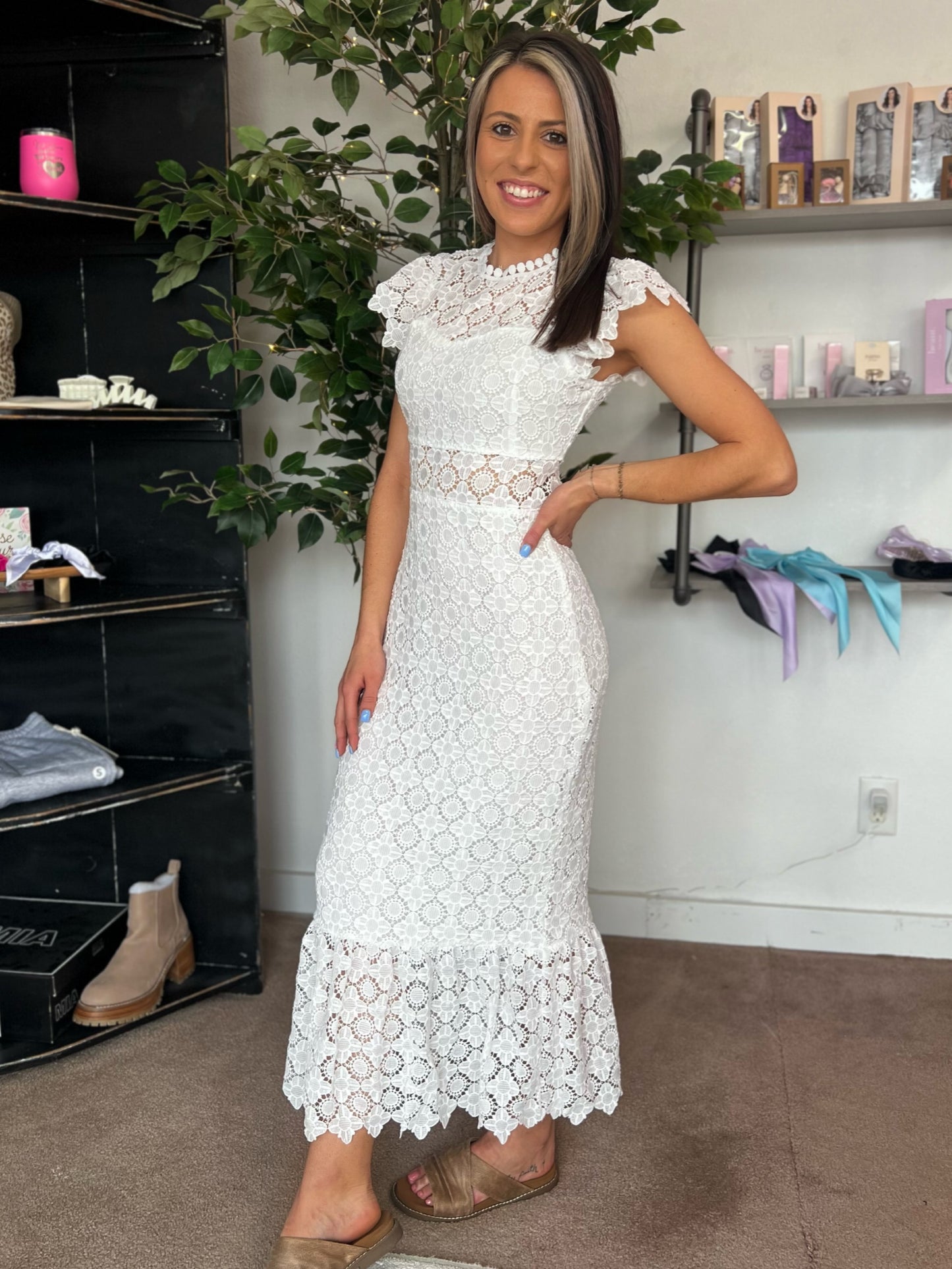 White Eyelet Lace Midi Dress