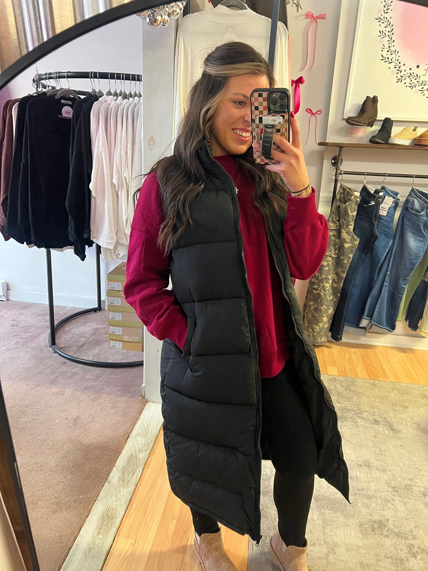 Long Puffer Vest Jacket, Black