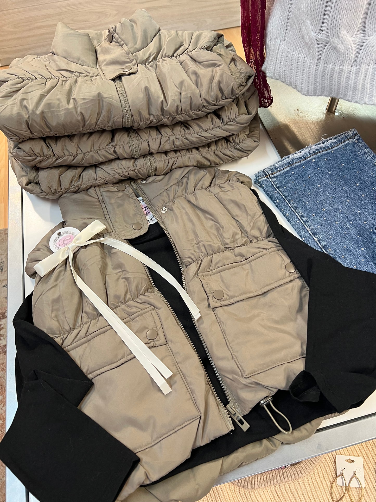 Cropped Cargo Puffer Vest, Light Mocha