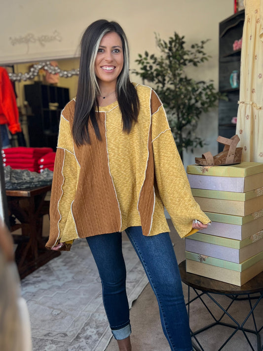 Mustard/Chocolate V Neck Top