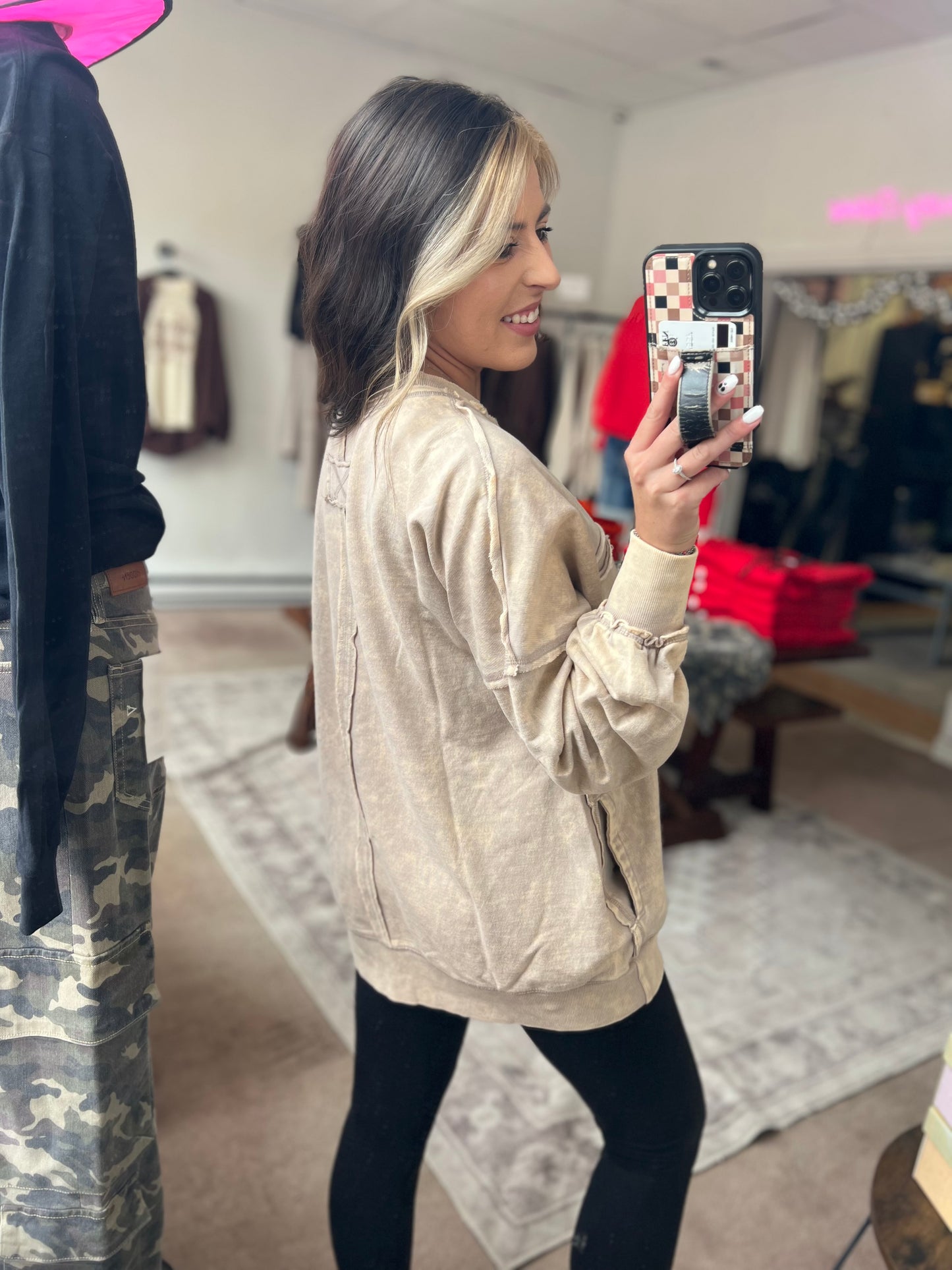 Acid Wash Pullover w/Pocket, Ash Mocha