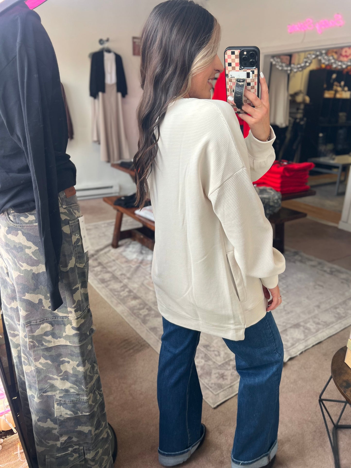 Acid Wash Ribbed Pullover, Beige