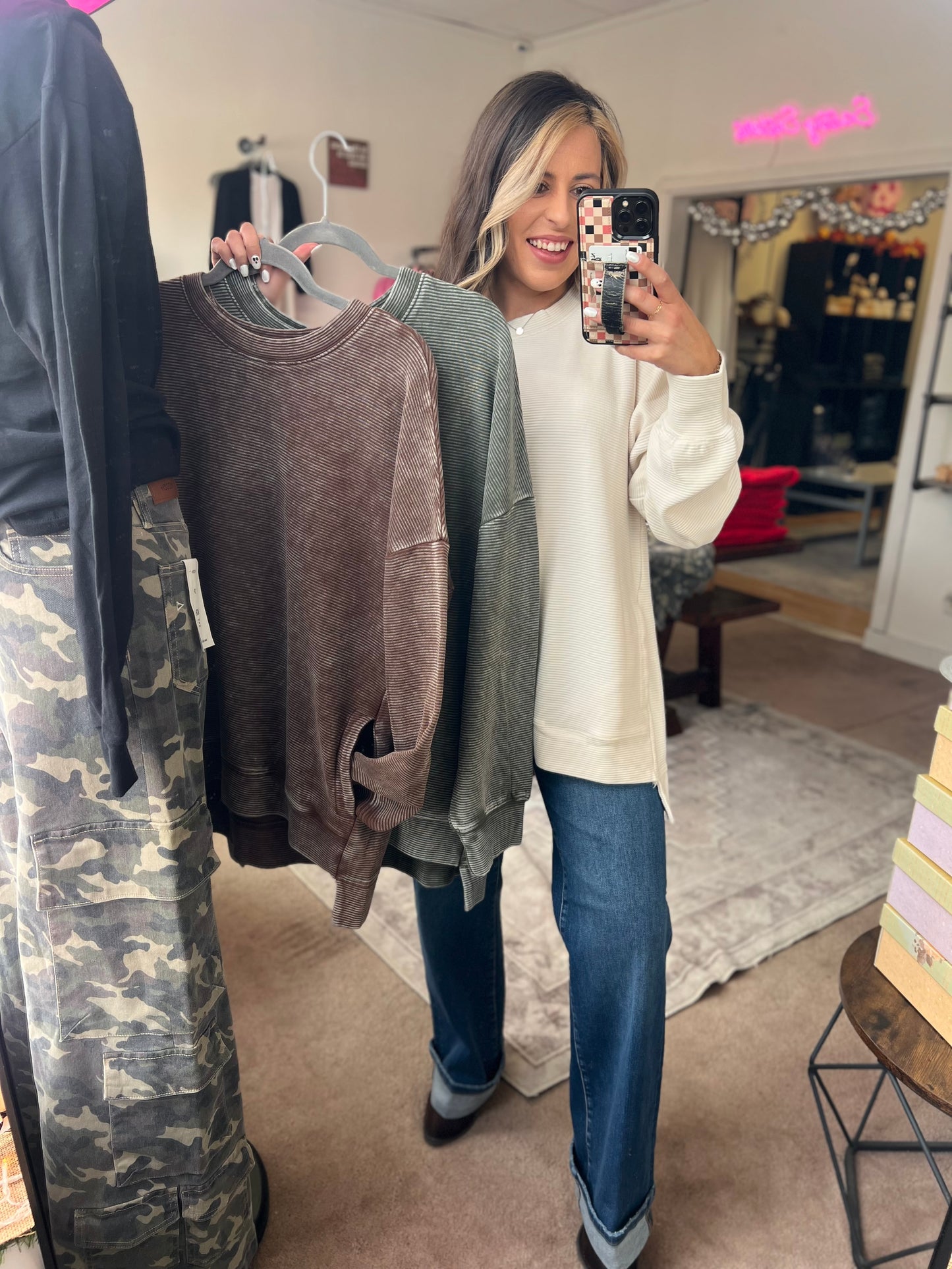 Acid Wash Ribbed Pullover, Beige