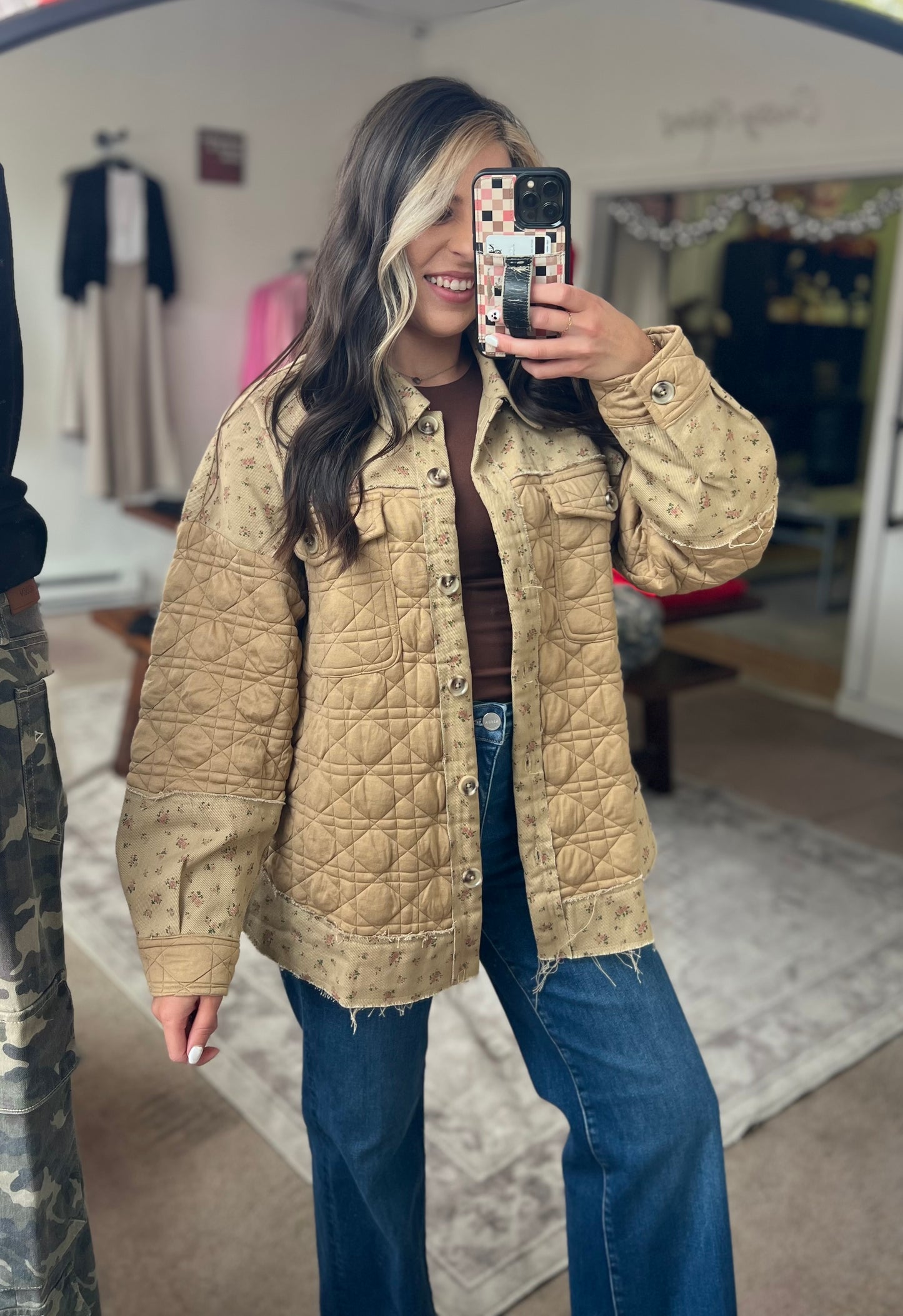 Floral Print Quilted Jacket, Khaki