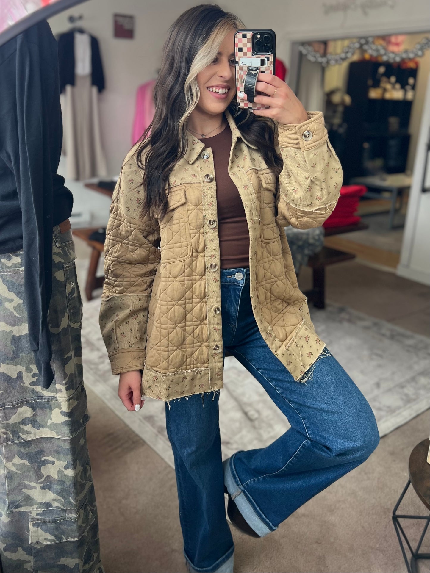 Floral Print Quilted Jacket, Khaki