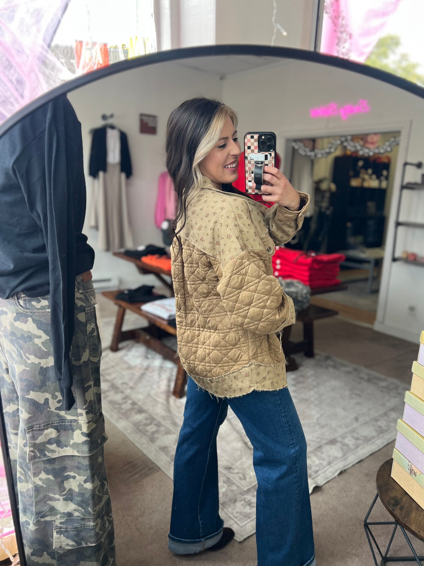 Floral Print Quilted Jacket, Khaki