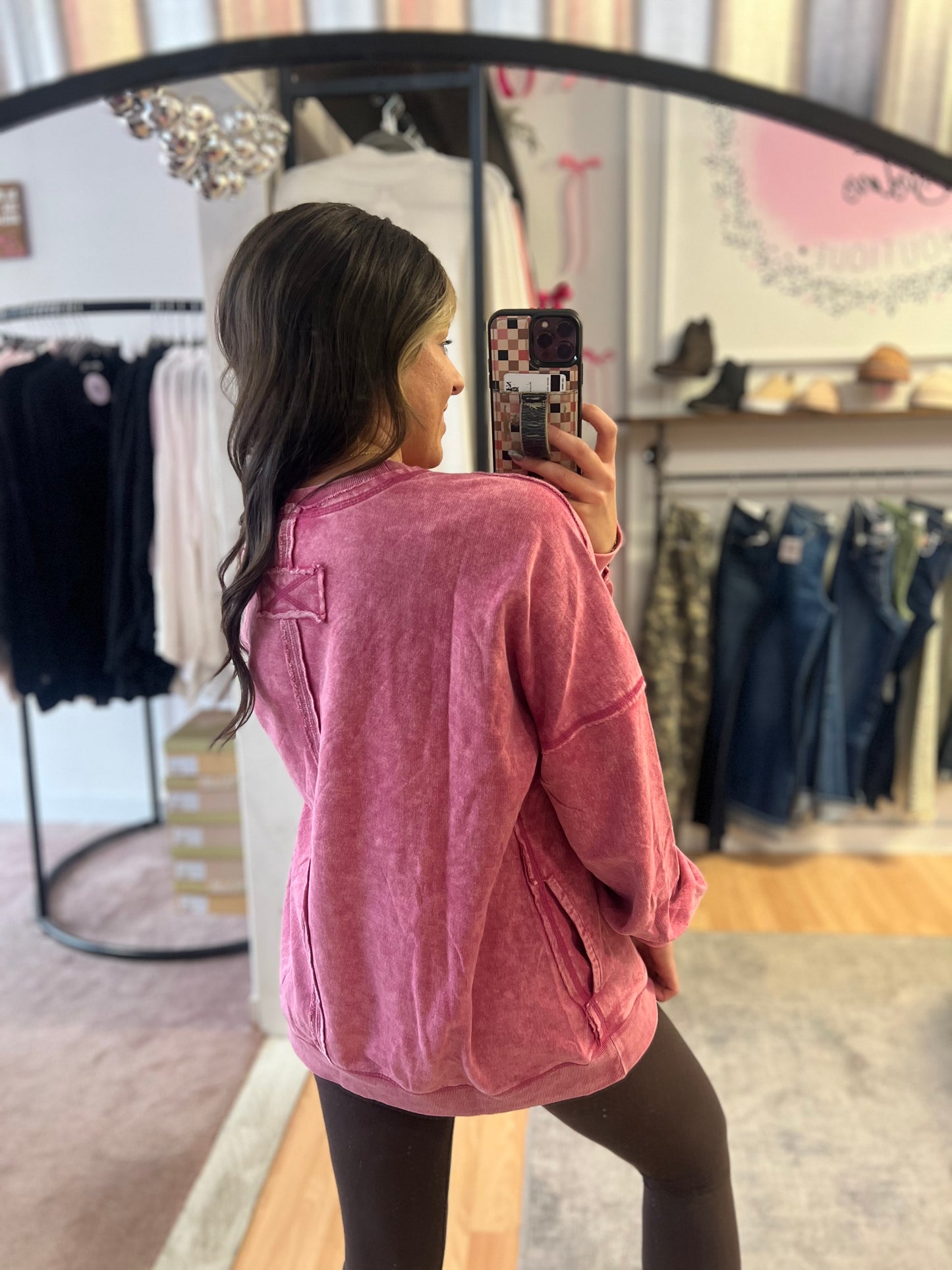 Acid Wash Pullover w/Pocket, Ash Pink