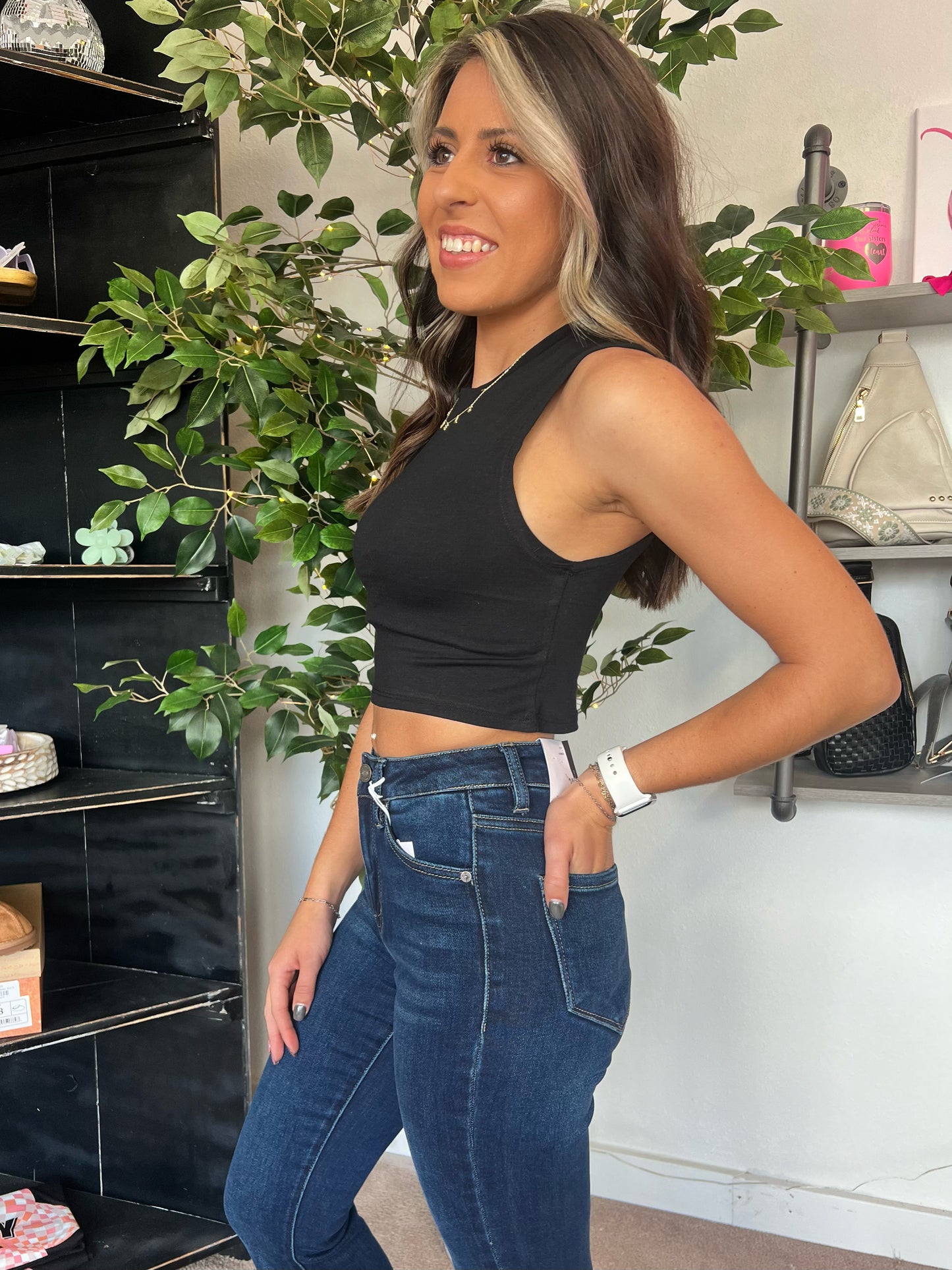 Crew Neck Crop Tank, Black