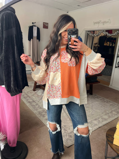 Flower Patchwork Color Block Top