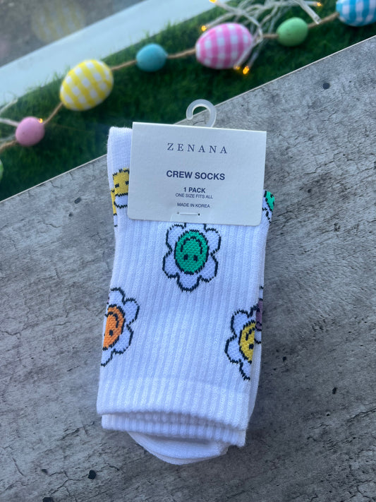Groovy Flower Crew Socks, White