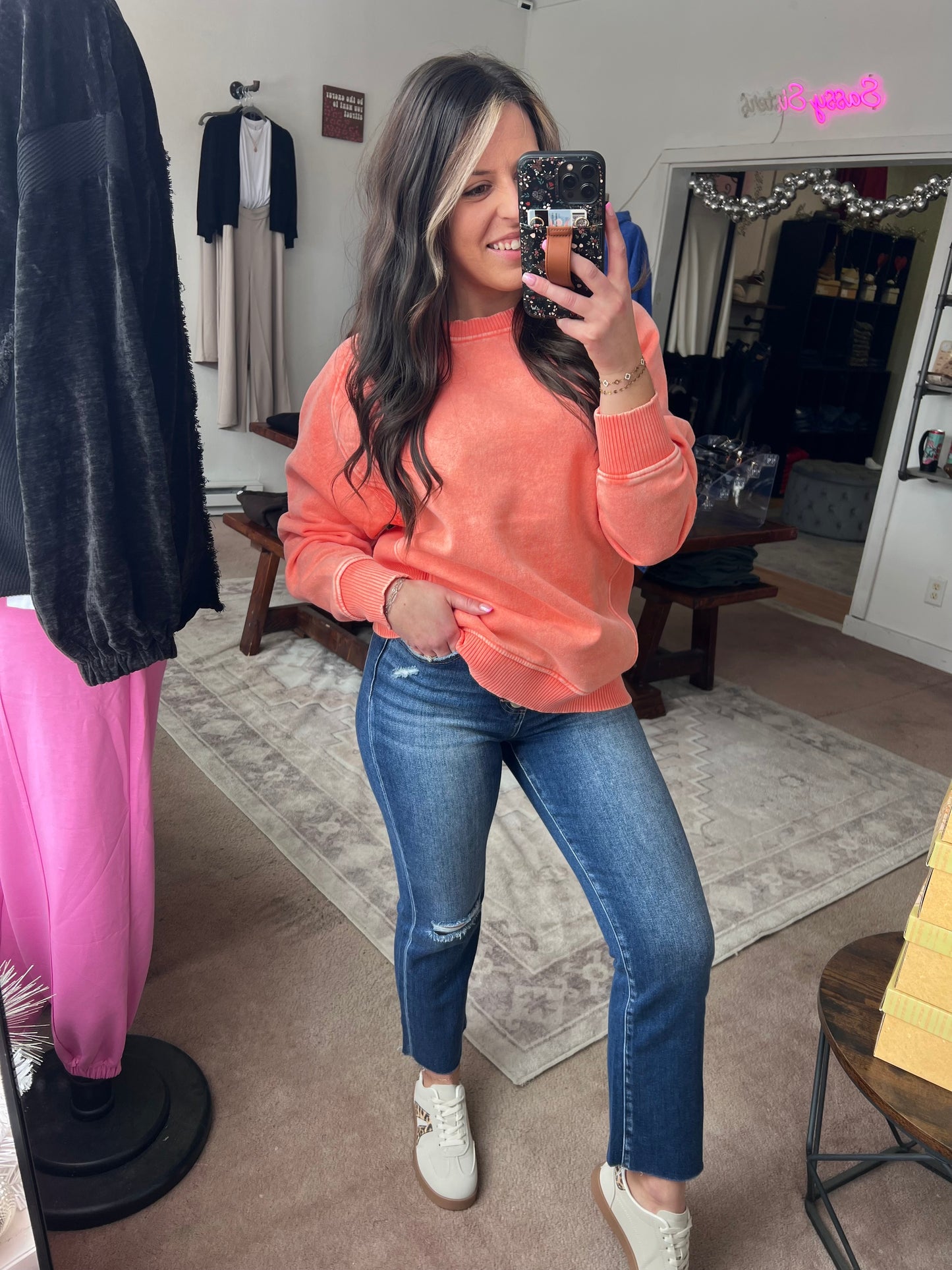 Acid Washed Fleece Sweatshirt, Coral