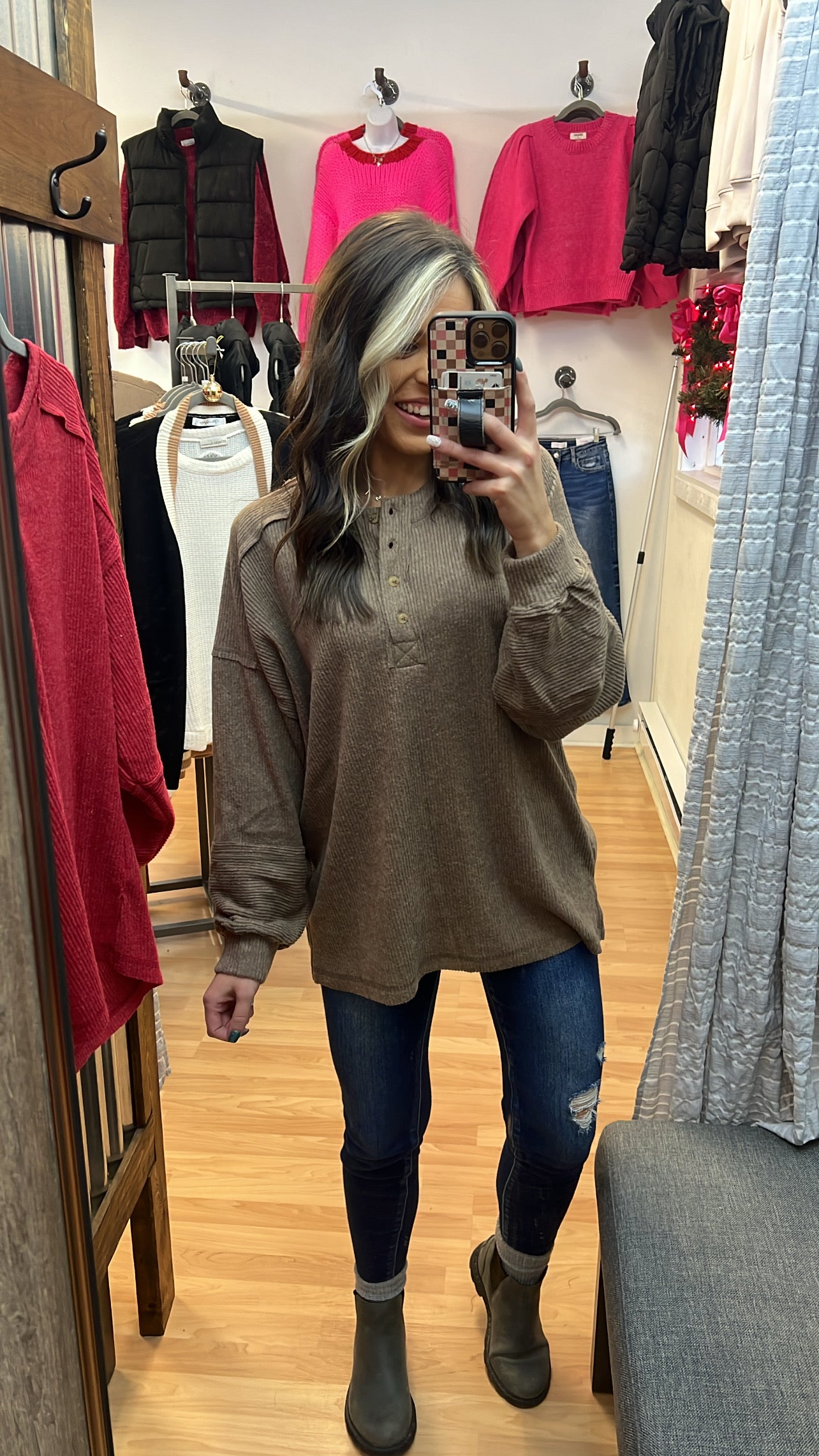 Ribbed Henley Top, Mocha