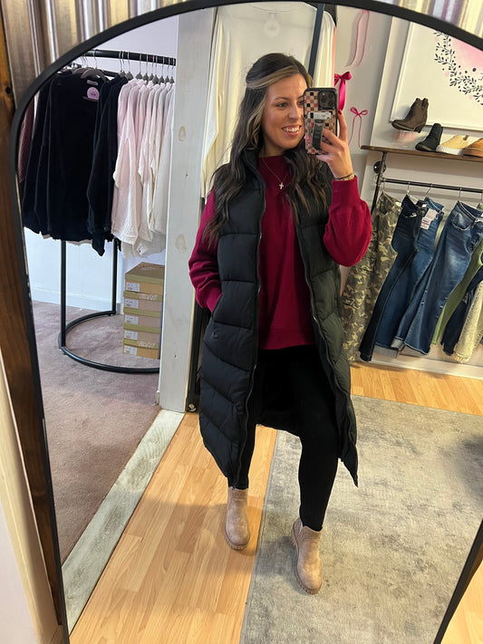 Long Puffer Vest Jacket, Black