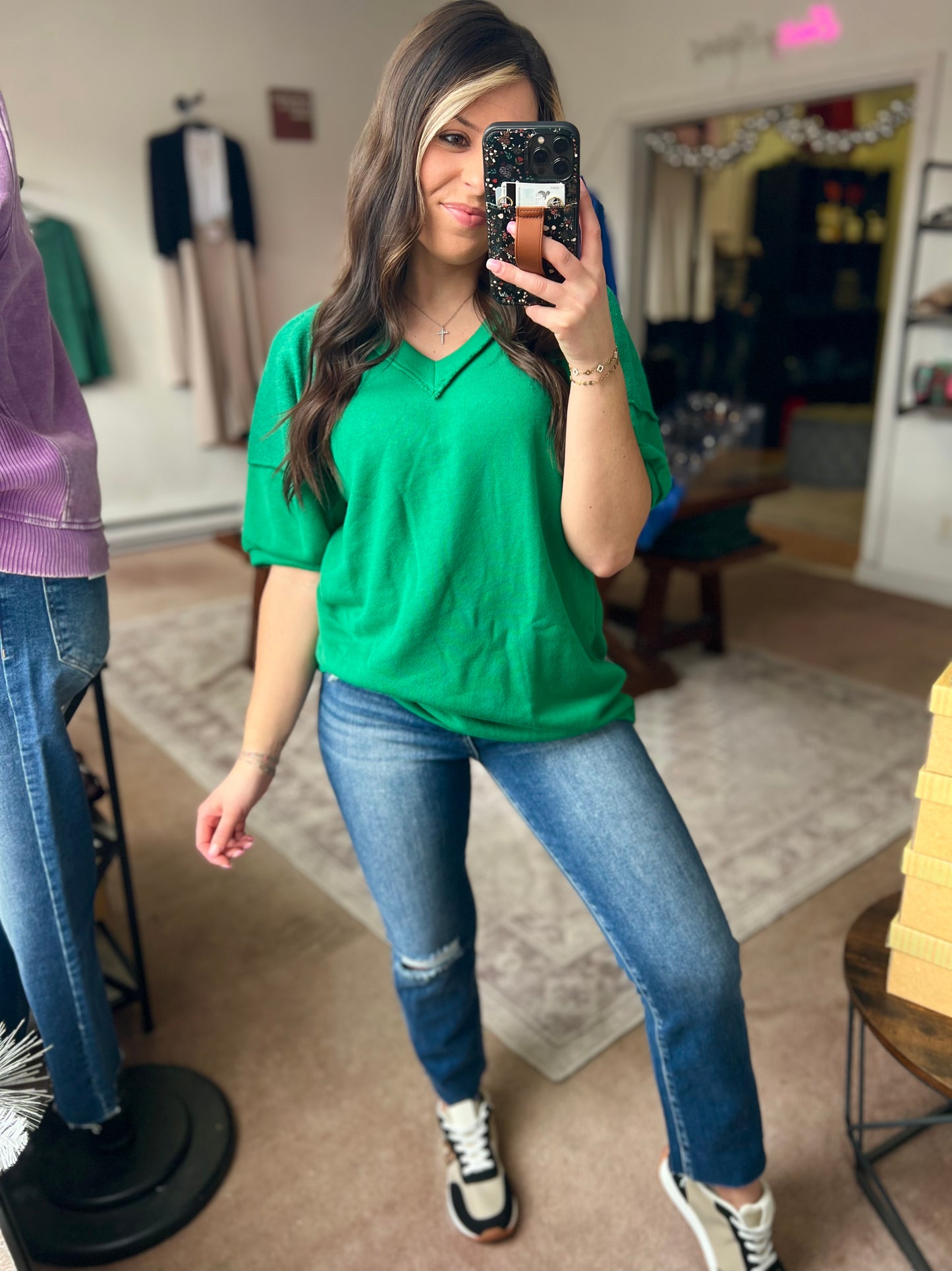 Modest V Neck Top, Green