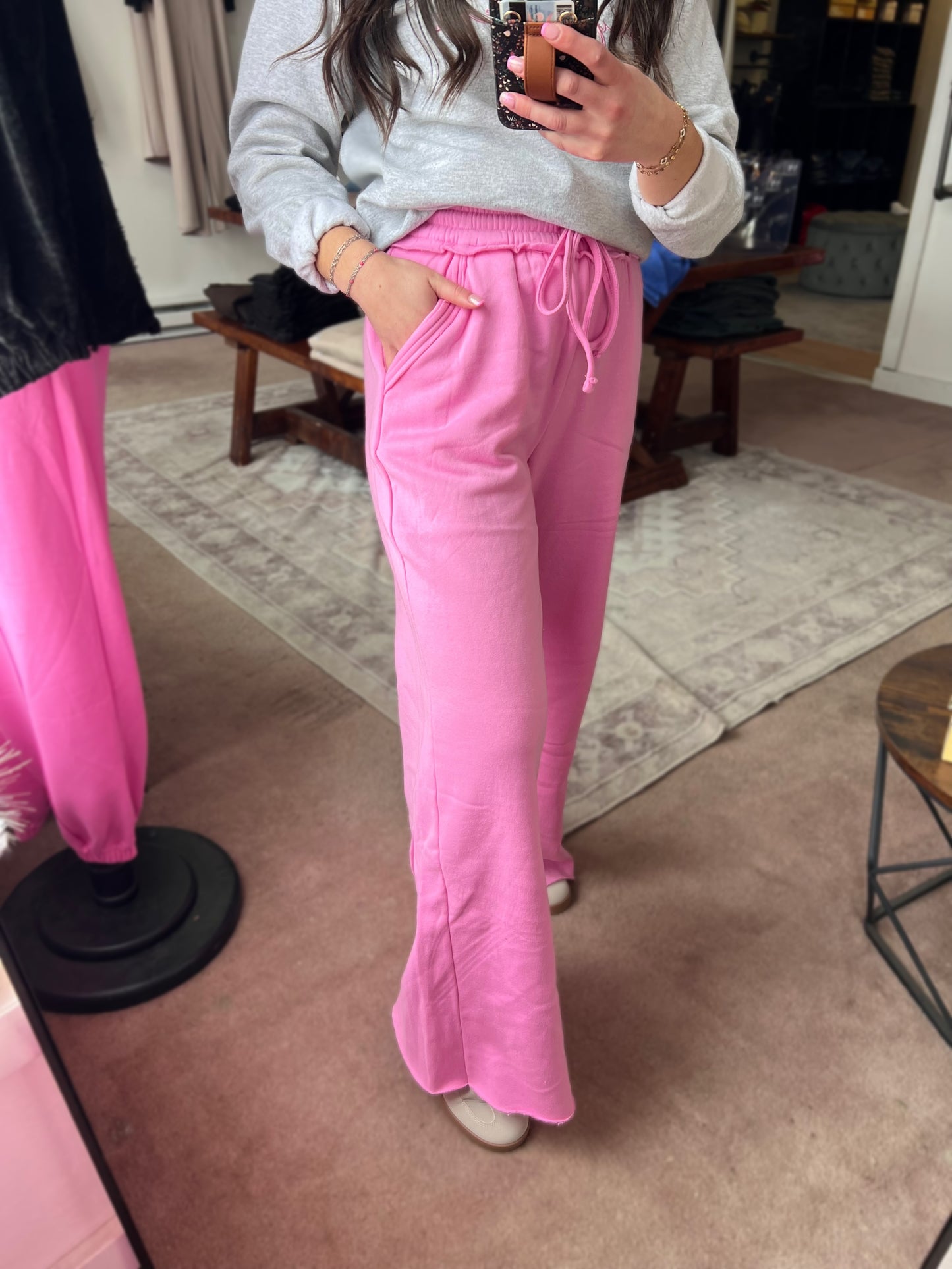Fleece Wide Leg Pants, Candy Pink