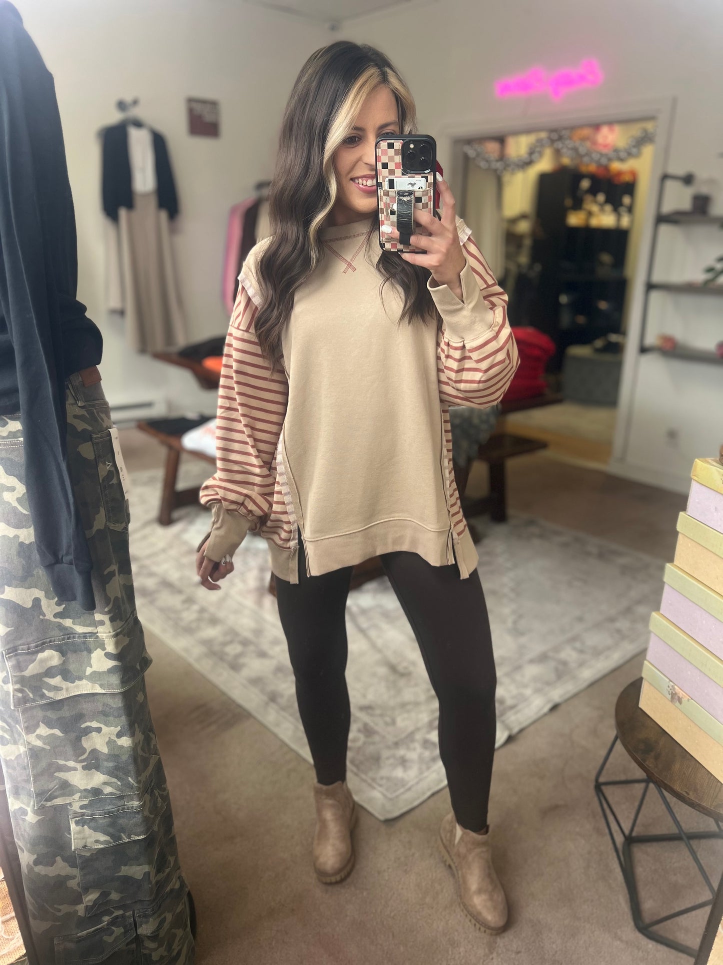 Oversized Striped Top, Beige