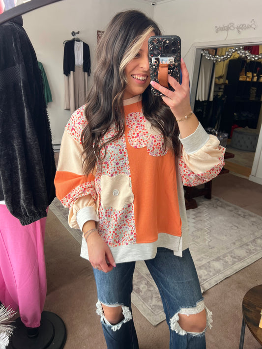 Flower Patchwork Color Block Top