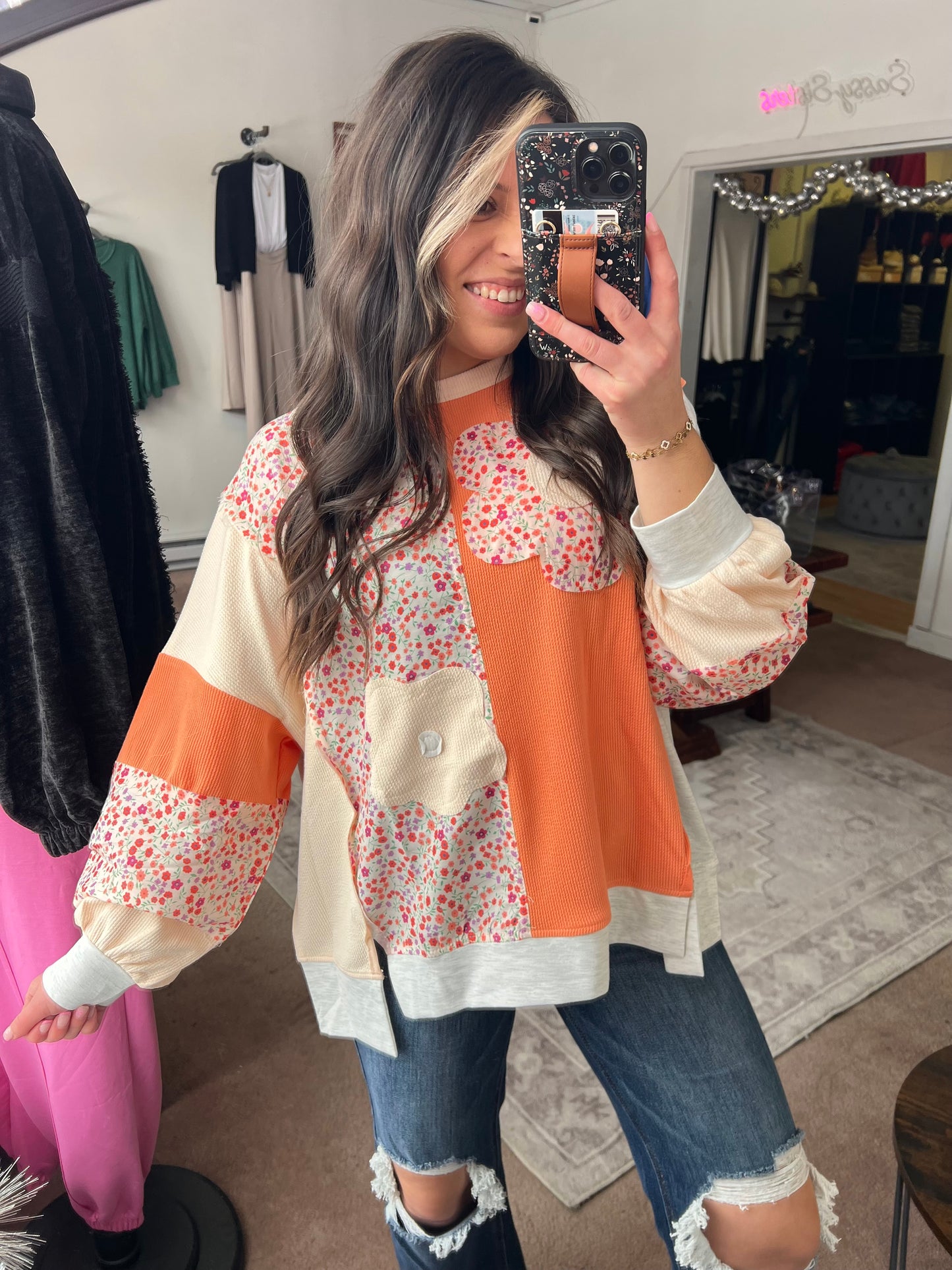 Flower Patchwork Color Block Top