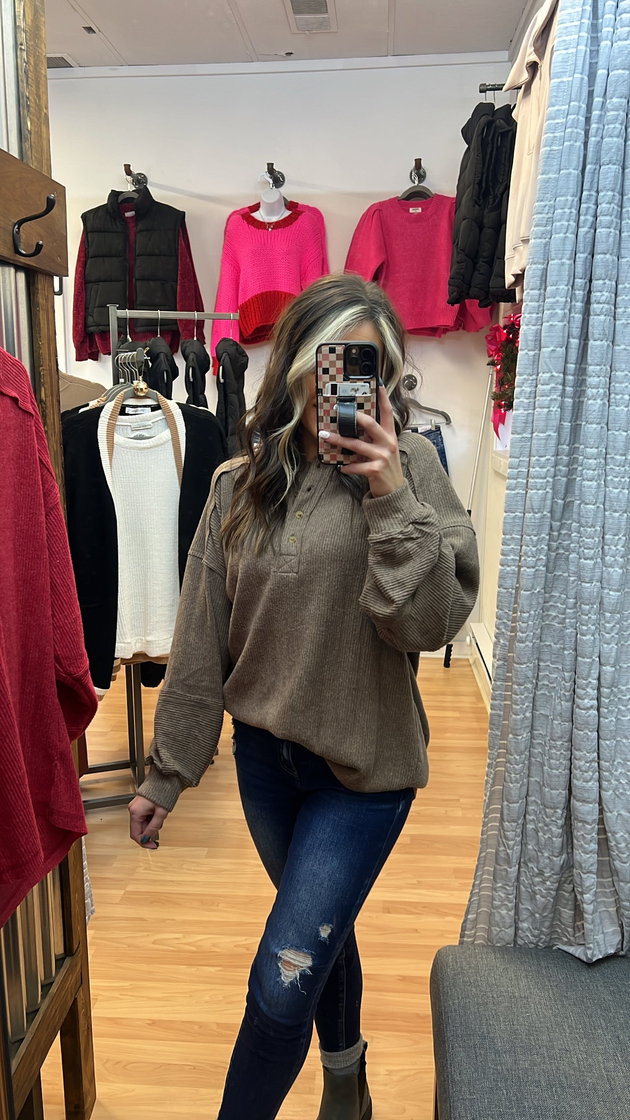 Ribbed Henley Top, Mocha