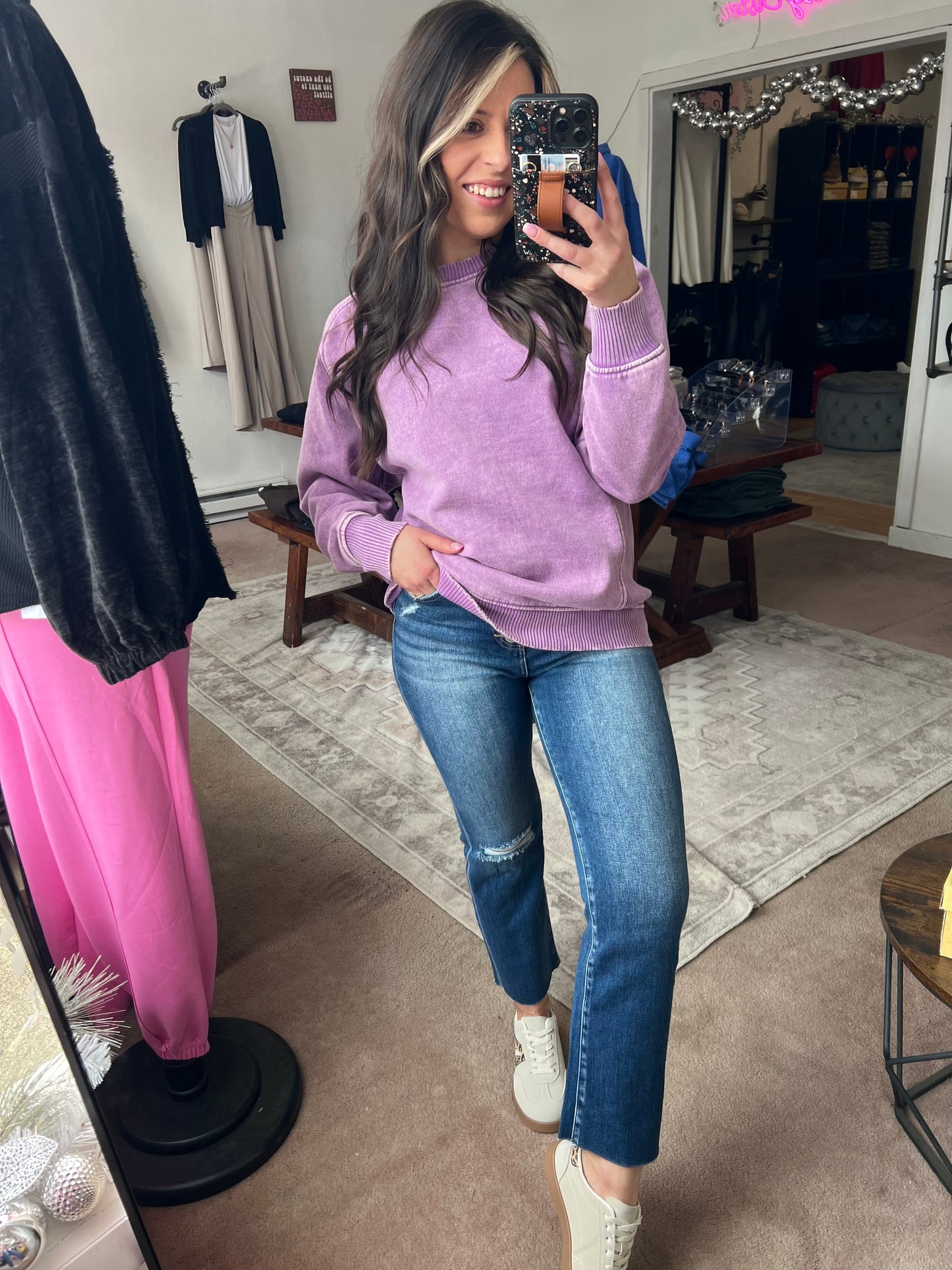 Acid Washed Fleece Sweatshirt, Lavender