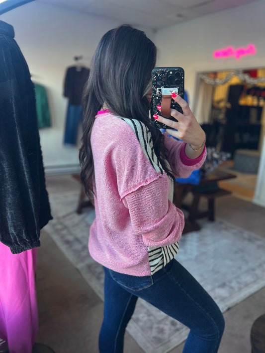 Long Sleeve Stripe Color Block Top, Pink