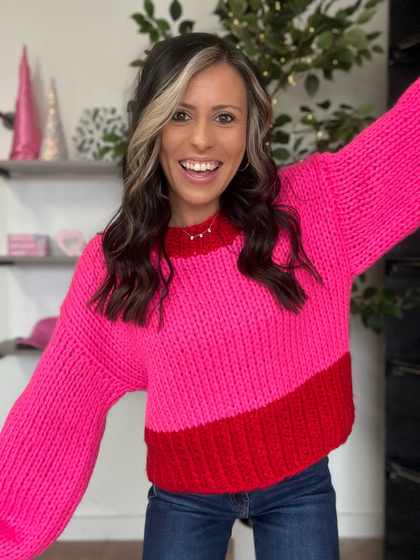 Candy Hearts Knit Sweater, Red/Pink