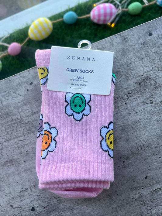 Groovy Flower Crew Socks, Pink