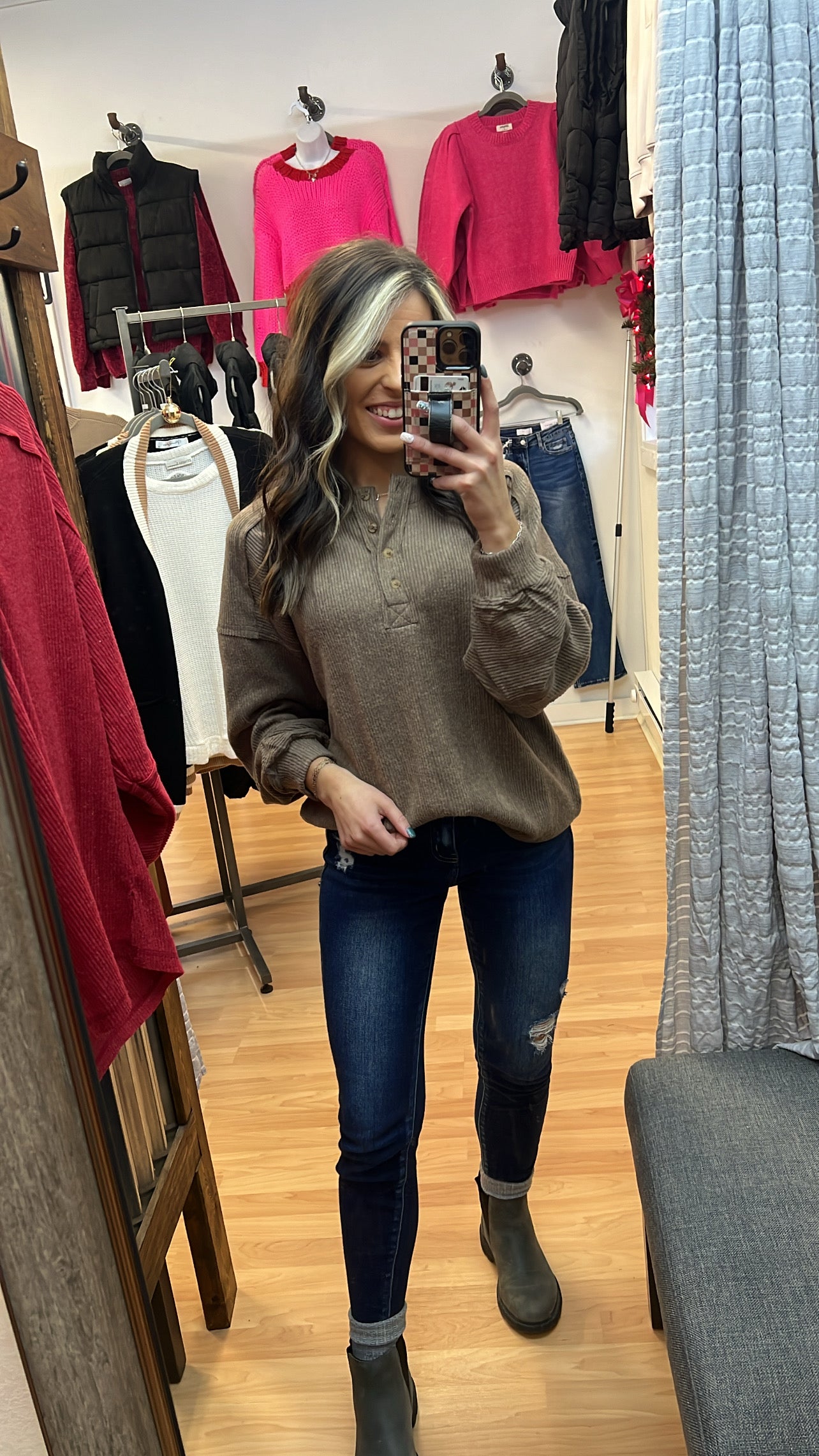 Ribbed Henley Top, Mocha
