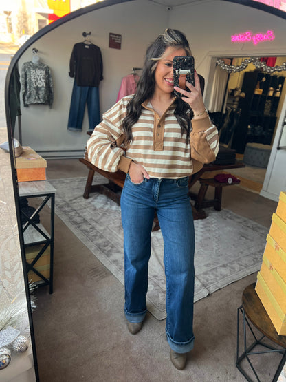 Oversized Striped Pullover, Taupe/Cream