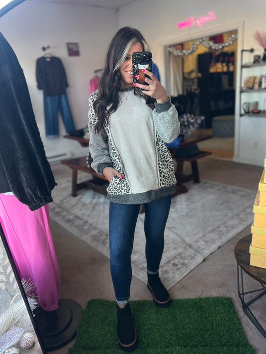 Long Sleeve Leopard Colorblock Top, Black