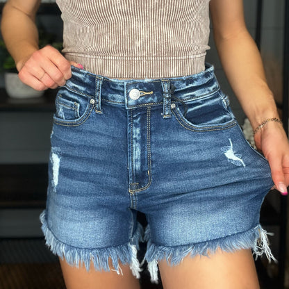 Classic Frayed Hem Shorts, Dark Wash