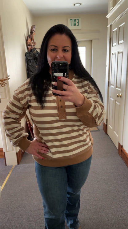 Oversized Striped Pullover, Taupe/Cream