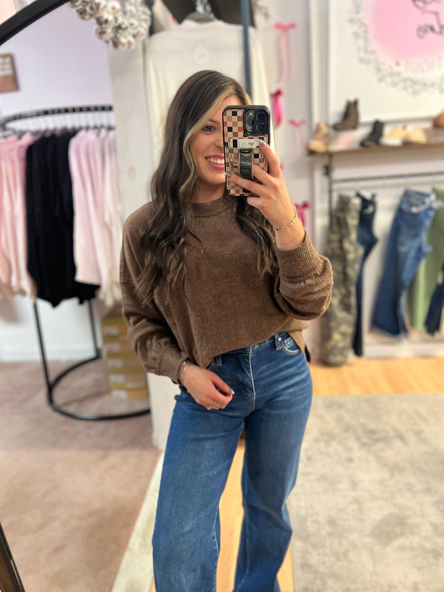 *DOORBUSTER* Ribbed Hacci Drop Shoulder Sweater, Brown