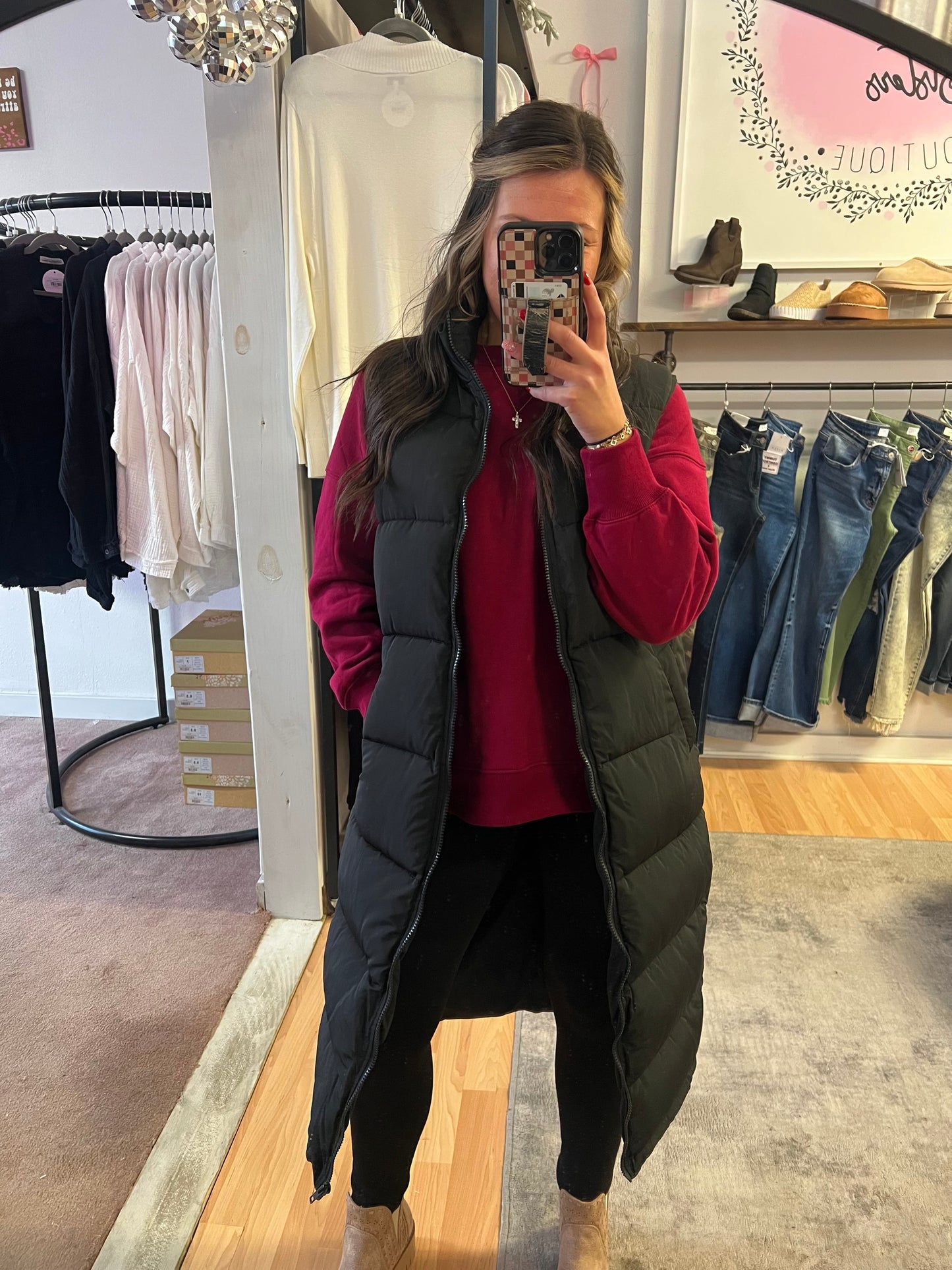 Long Puffer Vest Jacket, Black