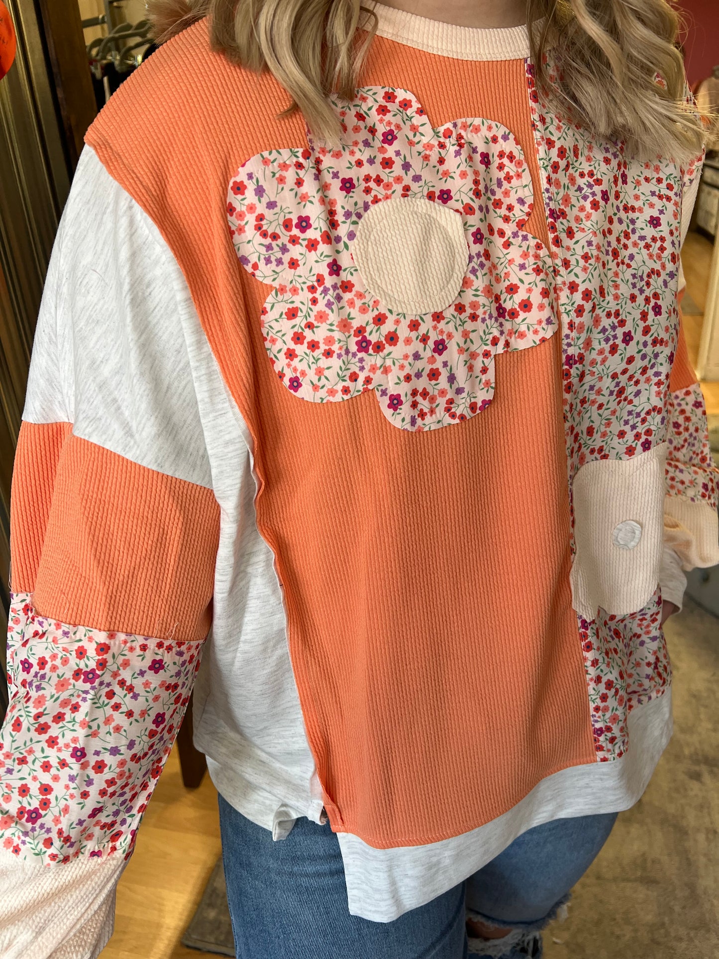 Flower Patchwork Color Block Top